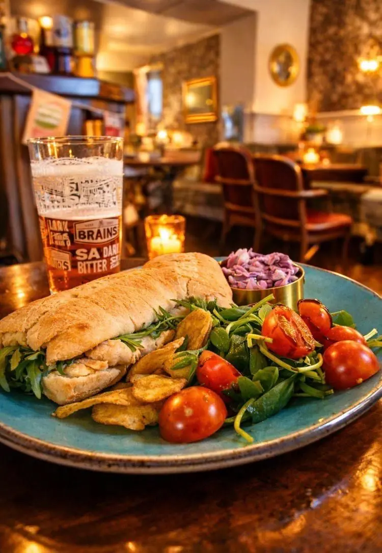 Freshly made ciabatta sandwich with salad and a pint of real ale at The Waterloo Inn